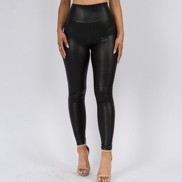 NEW FALL WOMEN’S TRENDY BLACK FAUX SPANX LEATHER LEGGINGS - Picture 15 of 16